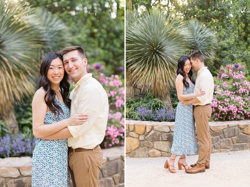 Couple embracing near colorful pink and purple flowers | Duke Gardens engagement photos | Raleigh NC wedding photographer 
