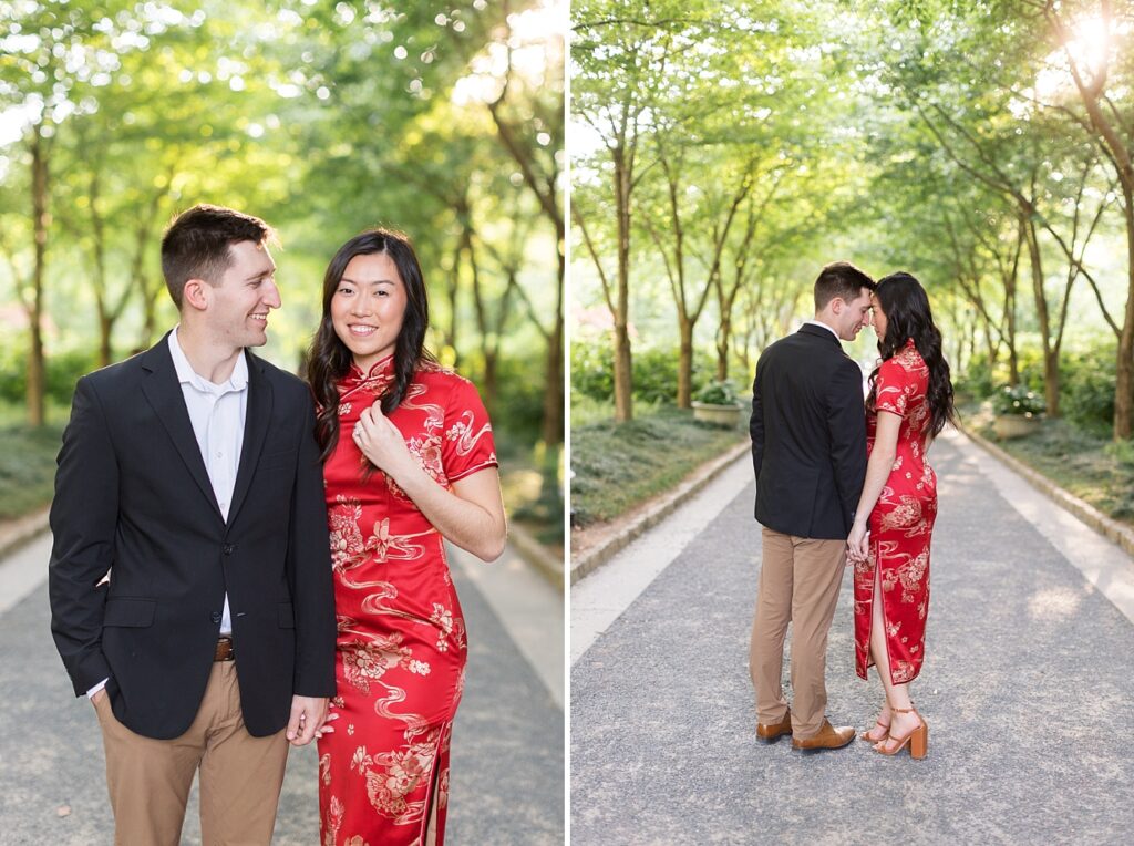 Traditional Chinese American Engagement Outfit inspiration   | Duke Gardens engagement photos | Raleigh NC wedding photographer 