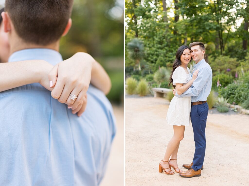 Close up of engagement ring with couple embracing | engagement photos in garden | Duke Gardens engagement photos | Raleigh NC wedding photographer 