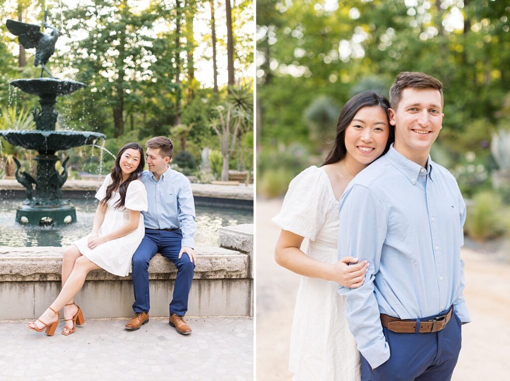 Engagement photos in front of fountain | Duke Gardens engagement photos | Raleigh NC wedding photographer 