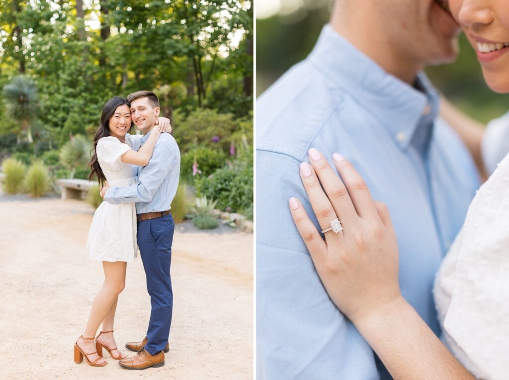 Close up of engagement ring with couple embracing | engagement photos in garden | Duke Gardens engagement photos | Raleigh NC wedding photographer 