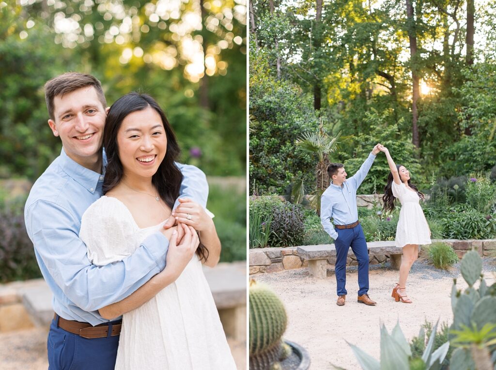Couple dancing in garden | Duke Gardens engagement photos | Raleigh NC wedding photographer 
