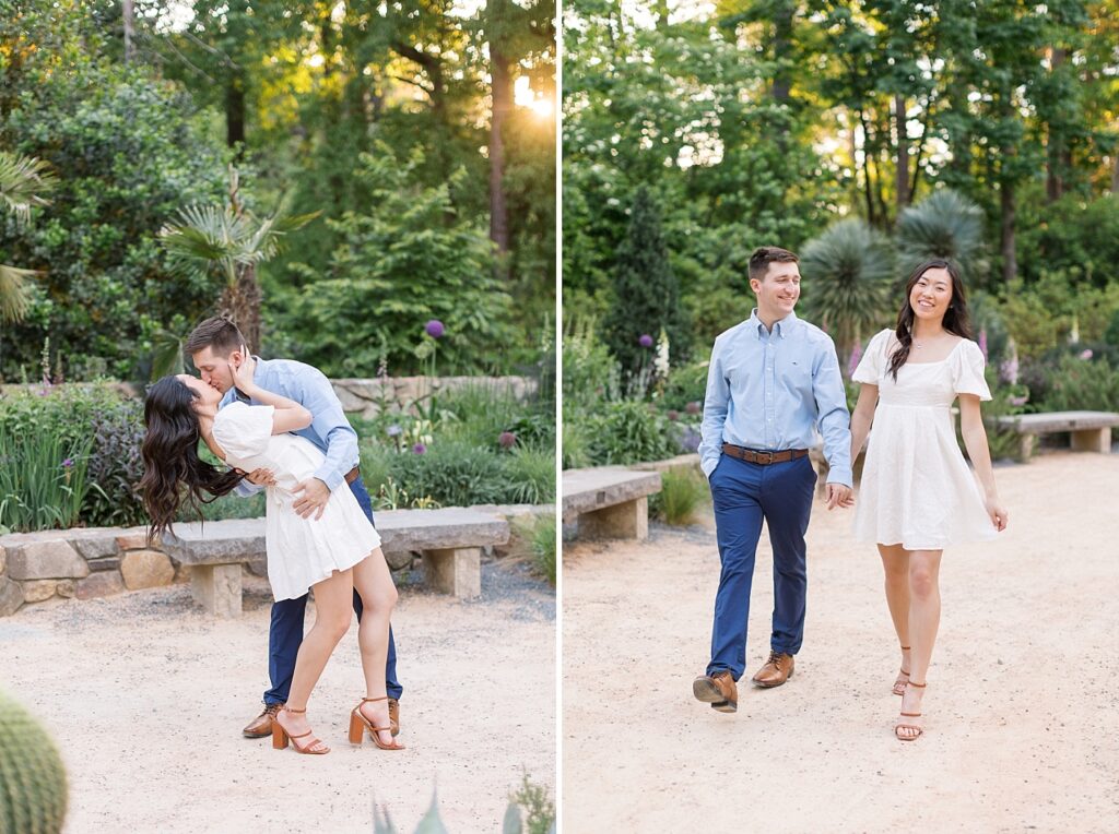 Couple holding hands and walking in garden | Duke Gardens engagement photos | Raleigh NC wedding photographer 