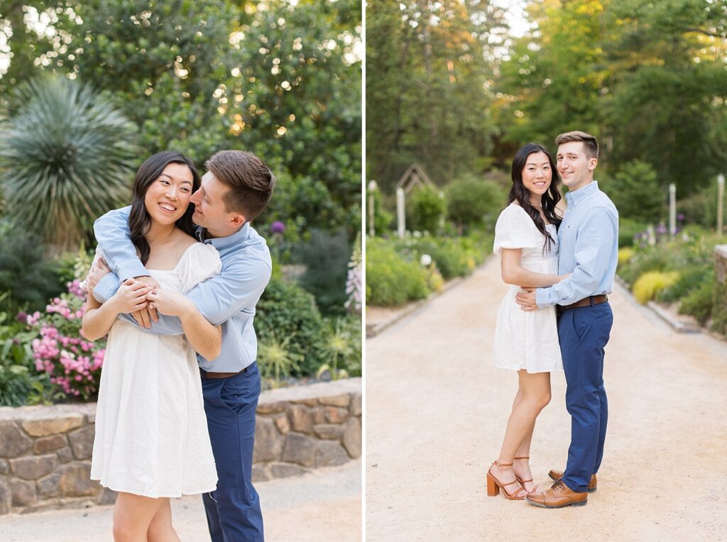 Couple embracing and smiling in garden | Duke Gardens engagement photos | Raleigh NC wedding photographer 