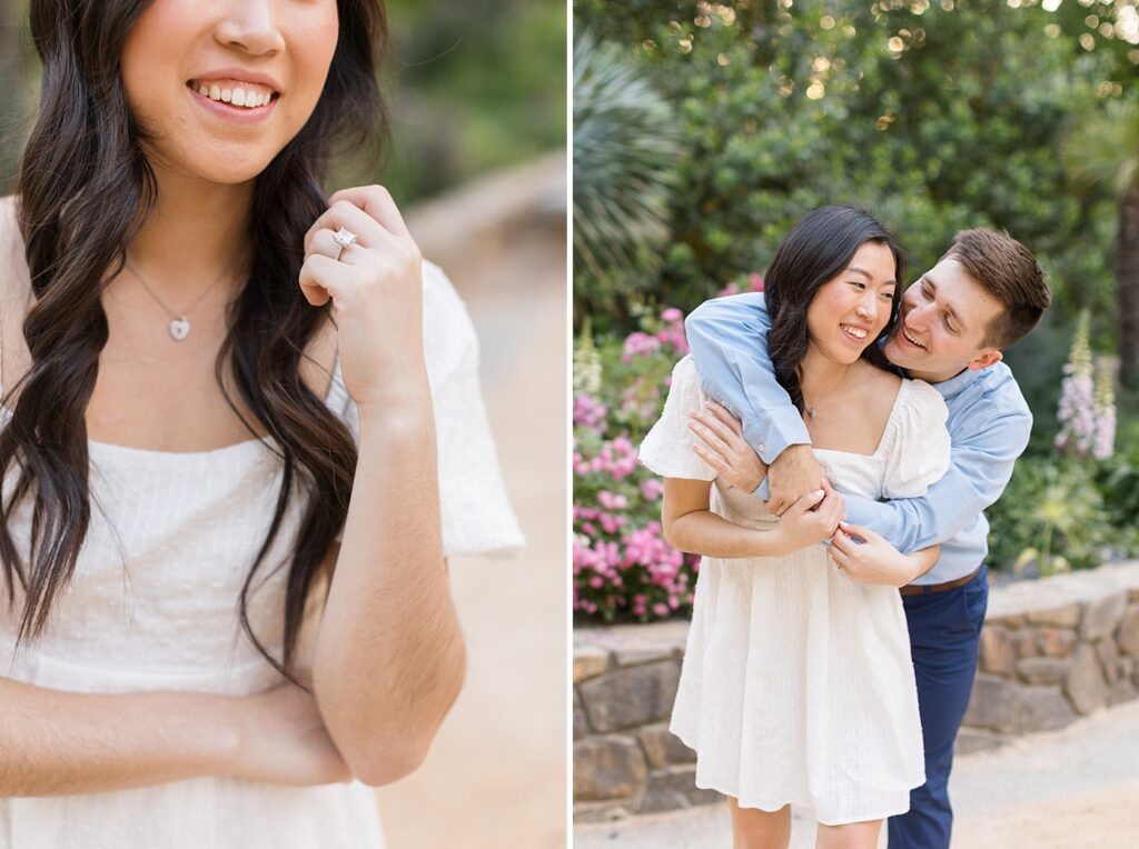 Couple embracing and engagement ring closeup | Duke Gardens engagement photos | Raleigh NC wedding photographer 