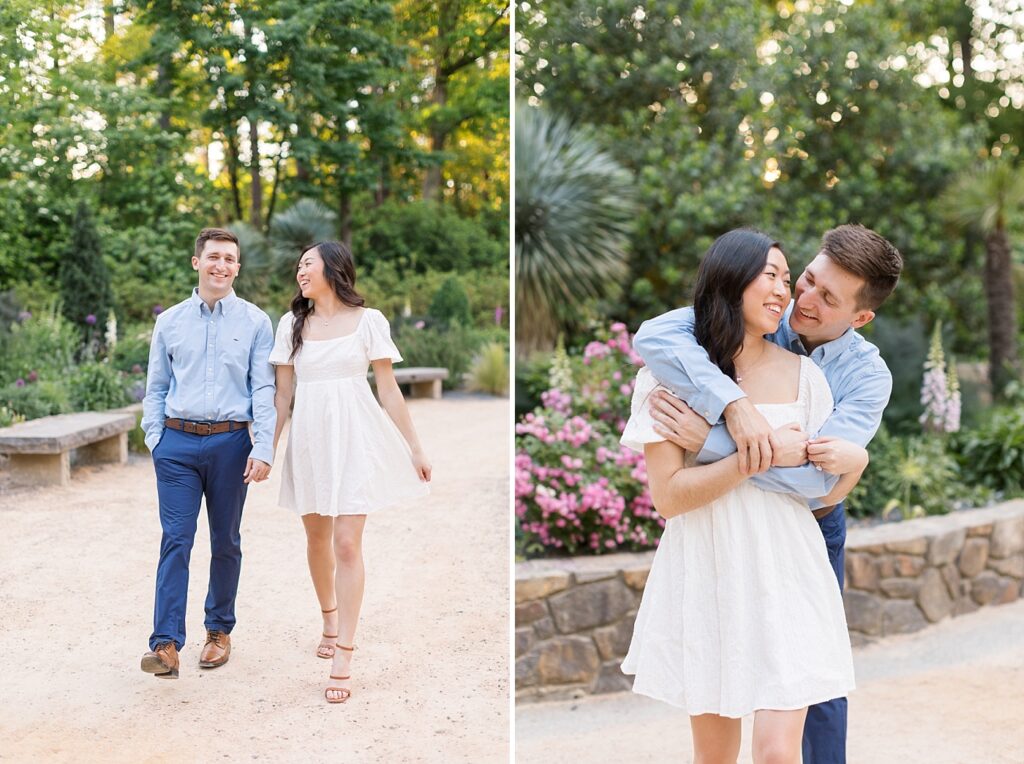 Couple embracing in front of pink flowers | Duke Gardens engagement photos | Raleigh NC wedding photographer 