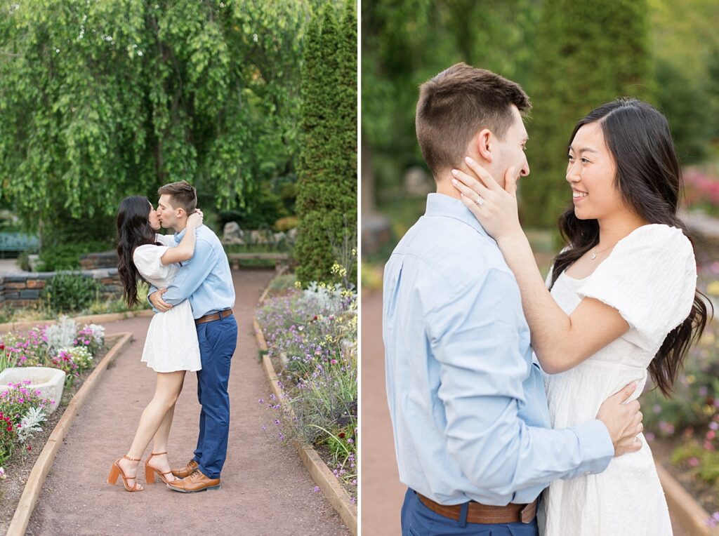 Couple embracing in colorful garden | Duke Gardens engagement photos | Raleigh NC wedding photographer 