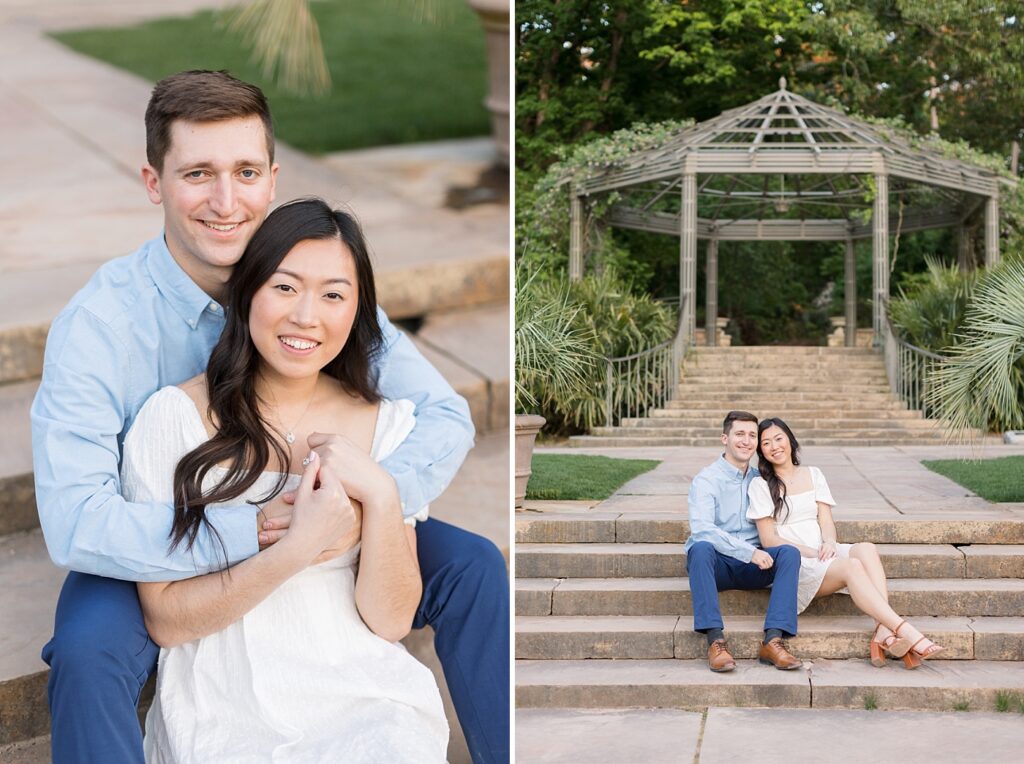 Couple sitting on stairs | Duke Gardens engagement photos | Raleigh NC wedding photographer 