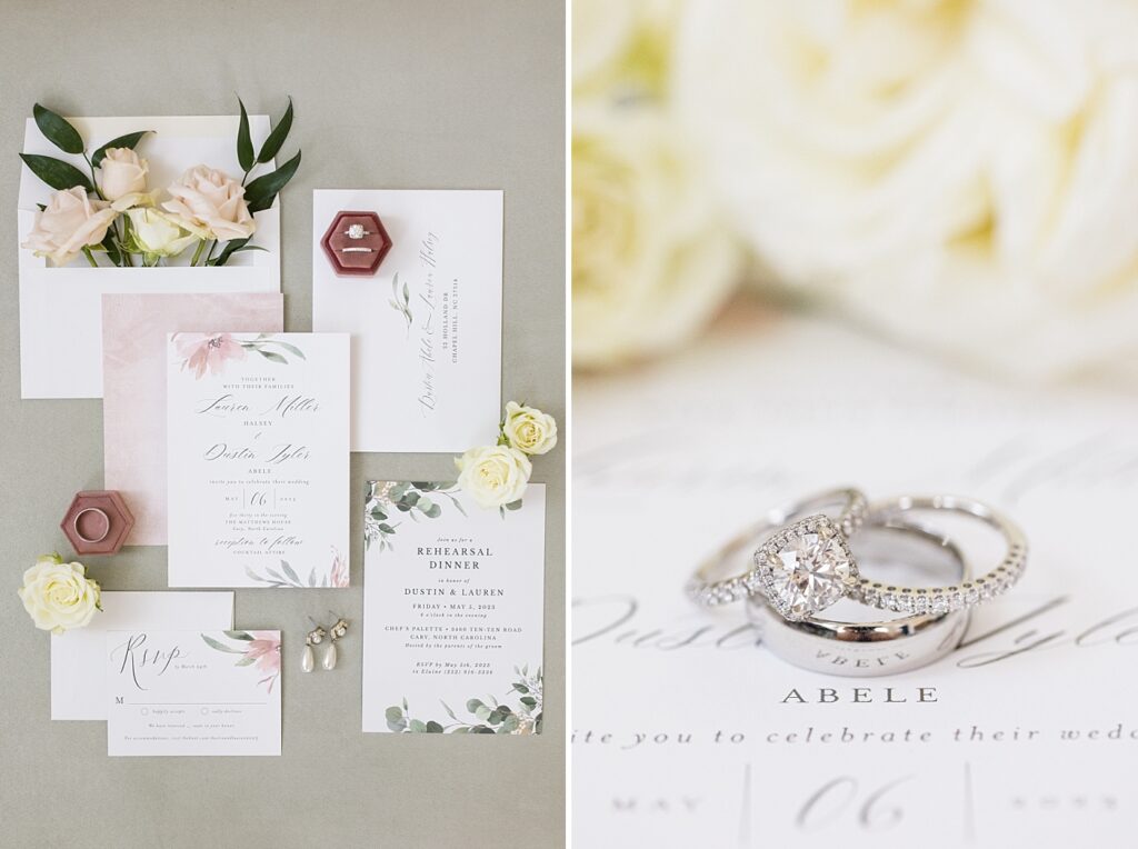 Wedding invitations and wedding ring closeup | Spring Wedding | The Matthews House Wedding | The Matthews House Wedding Photographer | Raleigh NC Wedding Photographer