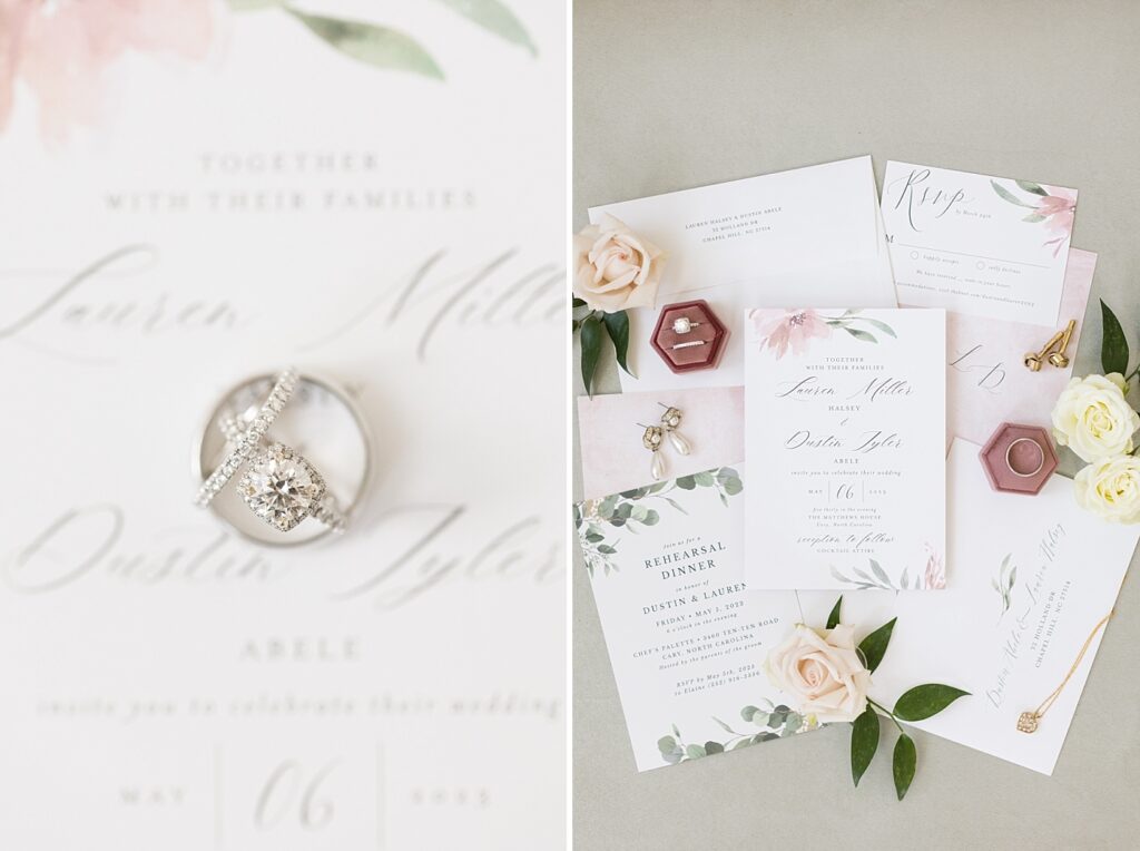 Wedding rings displayed on top of wedding invitation | Spring Wedding | The Matthews House Wedding | The Matthews House Wedding Photographer | Raleigh NC Wedding Photographer
