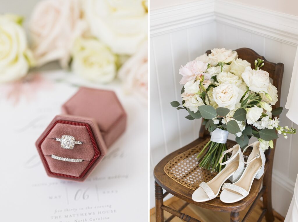 Bride's wedding and engagement ring displayed in dark pink ring box and closeup of bride's shoes and bouquet | Spring Wedding | The Matthews House Wedding | The Matthews House Wedding Photographer | Raleigh NC Wedding Photographer