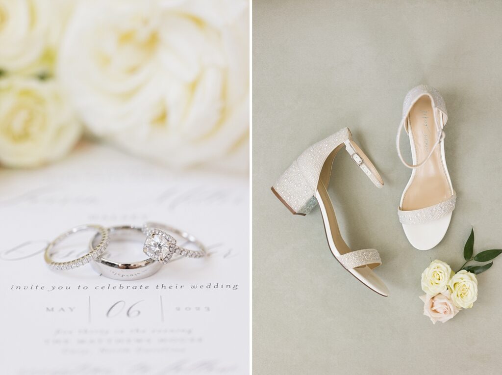 Wedding rings displayed on top of wedding invitation and bride's wedding shoes | Spring Wedding | The Matthews House Wedding | The Matthews House Wedding Photographer | Raleigh NC Wedding Photographer