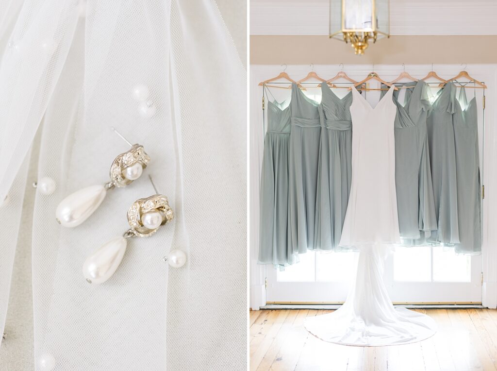 Bridal earrings closeup and bride and bridesmaid dresses hanging near door | Spring Wedding | The Matthews House Wedding | The Matthews House Wedding Photographer | Raleigh NC Wedding Photographer