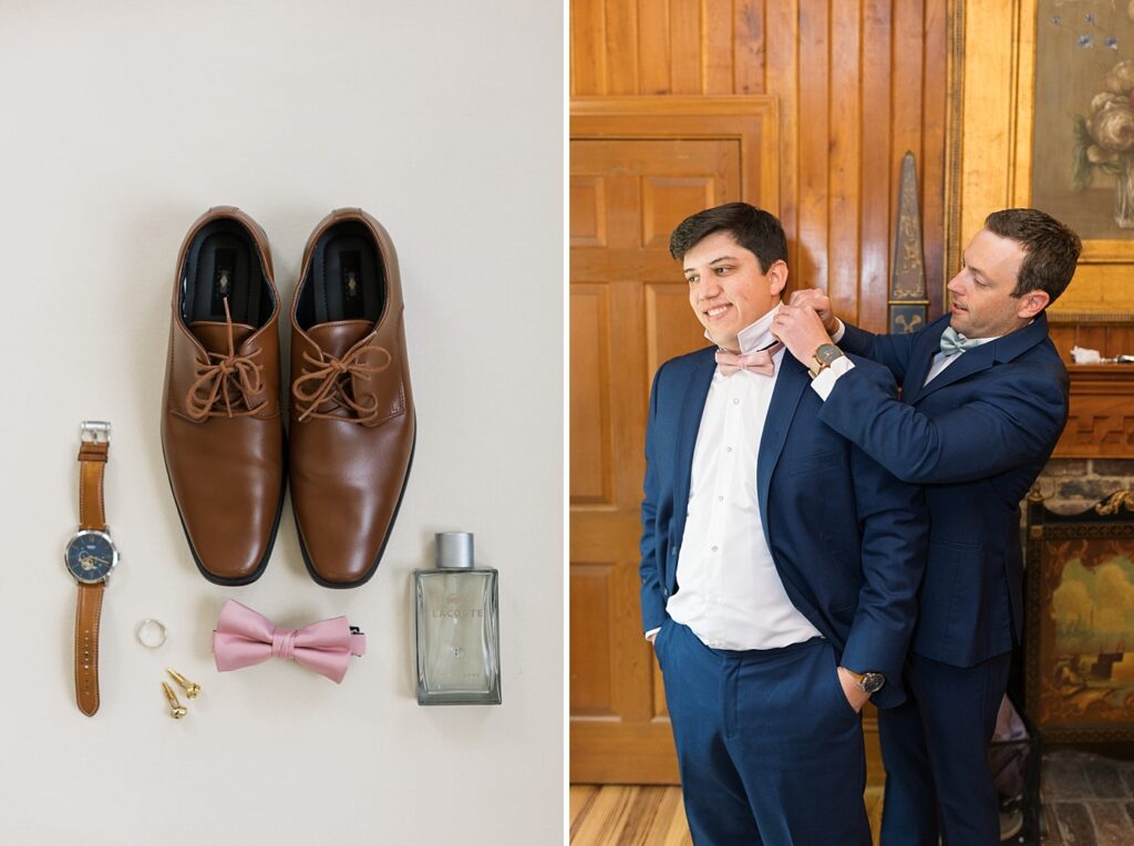 Groom's shoes and accessories and groomsman helping groom with tie | Spring Wedding | The Matthews House Wedding | The Matthews House Wedding Photographer | Raleigh NC Wedding Photographer