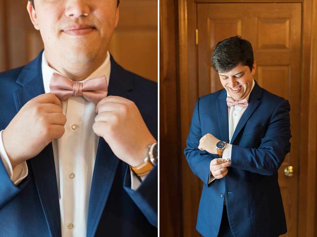 Groom adjusting his bow and putting on his cufflinks | Spring Wedding | The Matthews House Wedding | The Matthews House Wedding Photographer | Raleigh NC Wedding Photographer
