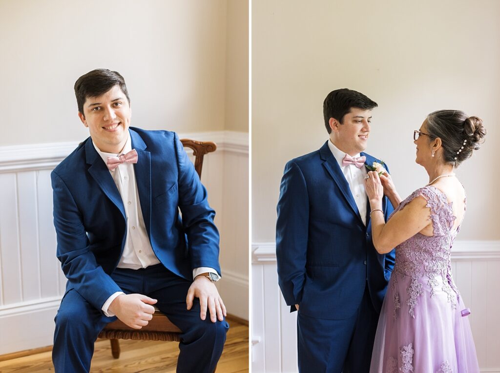 Mother of the groom helping put on his boutonniere | Spring Wedding | The Matthews House Wedding | The Matthews House Wedding Photographer | Raleigh NC Wedding Photographer