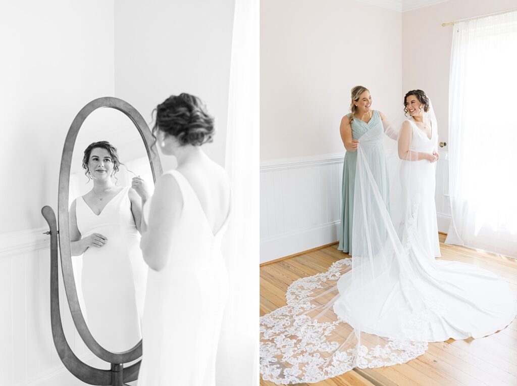 Bridesmaid helping bride with her veil | Spring Wedding | The Matthews House Wedding | The Matthews House Wedding Photographer | Raleigh NC Wedding Photographer