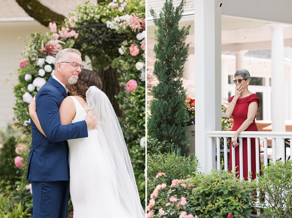 Father of the bride and bride embracing and mom watching bride | Spring Wedding | The Matthews House Wedding | The Matthews House Wedding Photographer | Raleigh NC Wedding Photographer