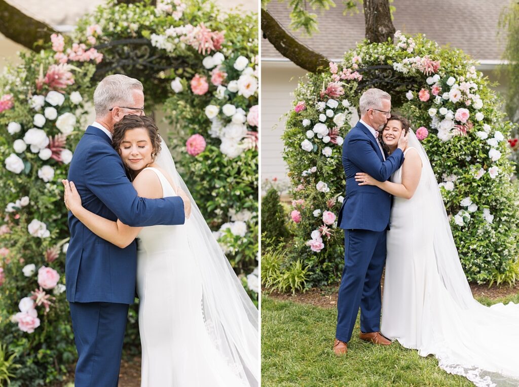 Father of the bride and bride embracing | Spring Wedding | The Matthews House Wedding | The Matthews House Wedding Photographer | Raleigh NC Wedding Photographer