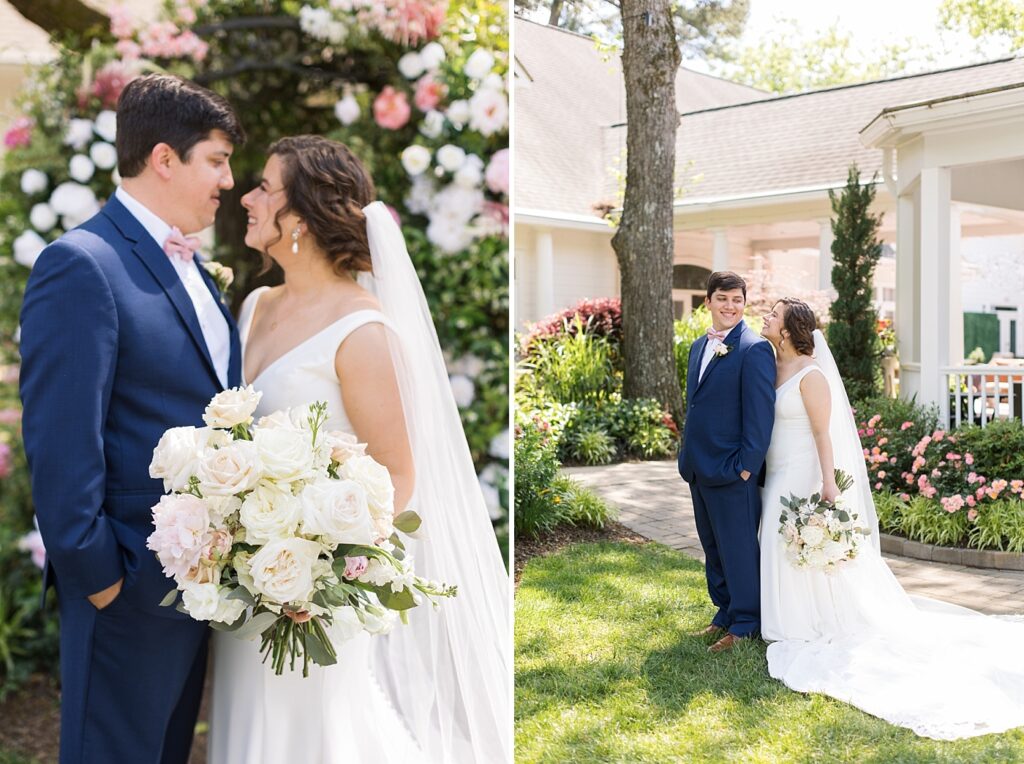 Bride and groom embracing and smiling | Spring Wedding | The Matthews House Wedding | The Matthews House Wedding Photographer | Raleigh NC Wedding Photographer