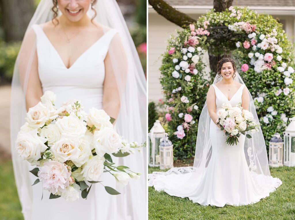 Bride smiling holding bouquet of white and pink roses | Spring Wedding | The Matthews House Wedding | The Matthews House Wedding Photographer | Raleigh NC Wedding Photographer