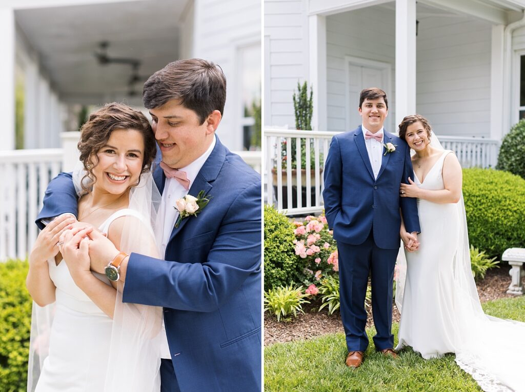 Bride and groom embracing near pink flowers in garden | Spring Wedding | The Matthews House Wedding | The Matthews House Wedding Photographer | Raleigh NC Wedding Photographer