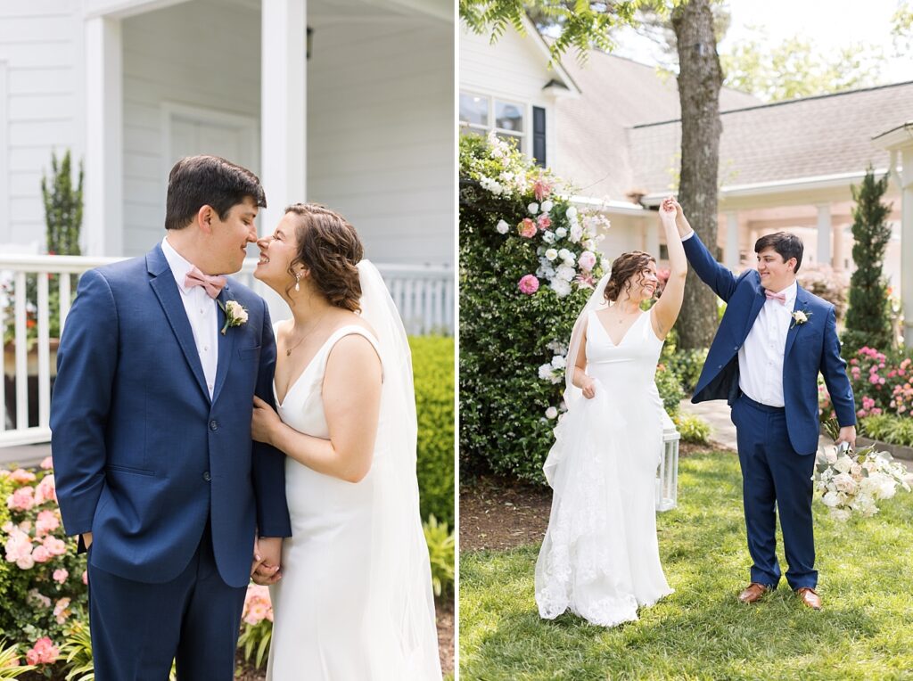 Bride and groom holding hands and embracing | Spring Wedding | The Matthews House Wedding | The Matthews House Wedding Photographer | Raleigh NC Wedding Photographer