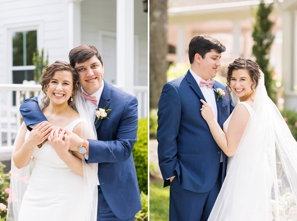 Bride and groom embracing and smiling | Spring Wedding | The Matthews House Wedding | The Matthews House Wedding Photographer | Raleigh NC Wedding Photographer
