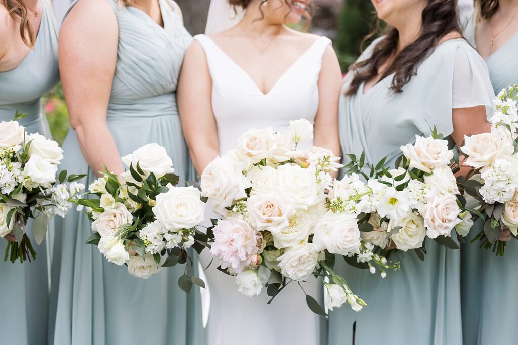 Bride and bridesmaid pink and white bouquets | Spring Wedding | The Matthews House Wedding | The Matthews House Wedding Photographer | Raleigh NC Wedding Photographer
