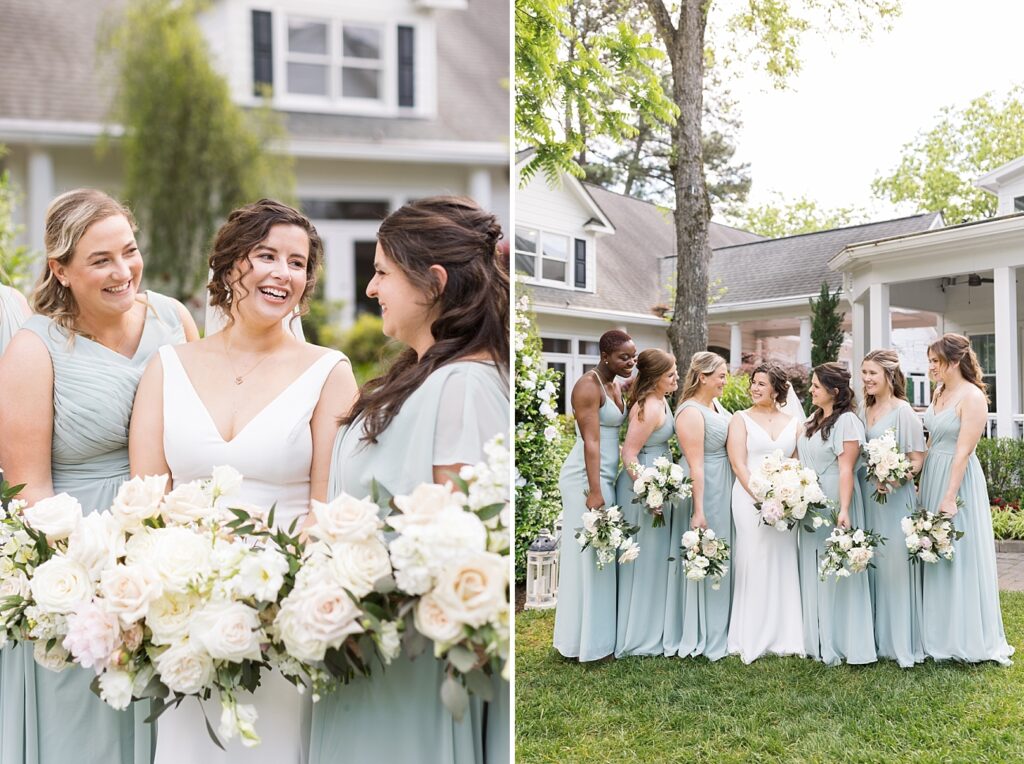 Bride smiling with bridesmaids holding white and pink bouquets | Spring Wedding | The Matthews House Wedding | The Matthews House Wedding Photographer | Raleigh NC Wedding Photographer