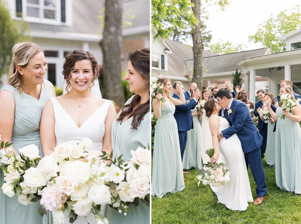 Bride and groom kissing surrounded by wedding party | Spring Wedding | The Matthews House Wedding | The Matthews House Wedding Photographer | Raleigh NC Wedding Photographer