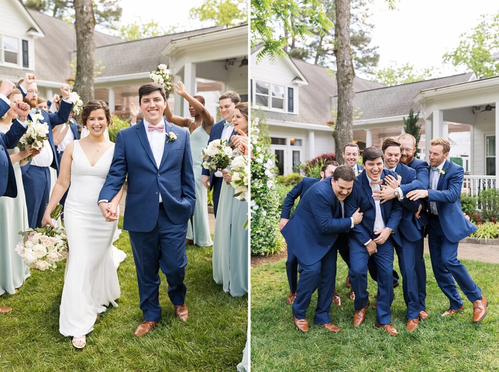 Wedding party cheering bride and groom | Spring Wedding | The Matthews House Wedding | The Matthews House Wedding Photographer | Raleigh NC Wedding Photographer