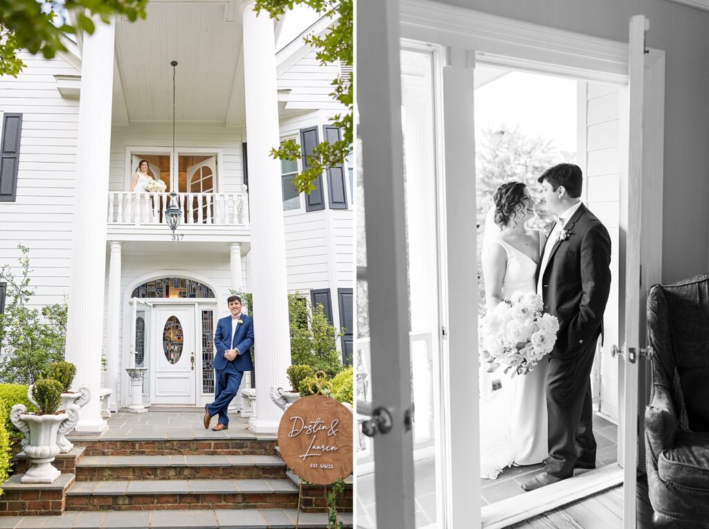 Bride and groom standing in front of The Matthews House | Spring Wedding | The Matthews House Wedding | The Matthews House Wedding Photographer | Raleigh NC Wedding Photographer