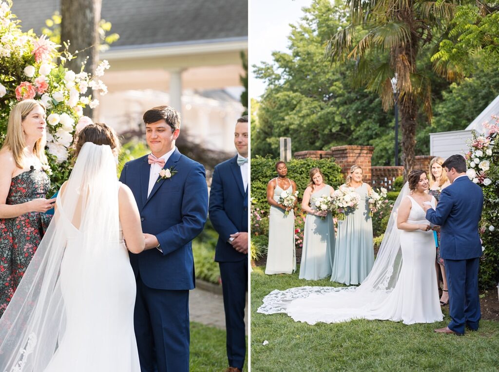 Bride and groom holding hands during wedding ceremony | Spring Wedding | The Matthews House Wedding | The Matthews House Wedding Photographer | Raleigh NC Wedding Photographer