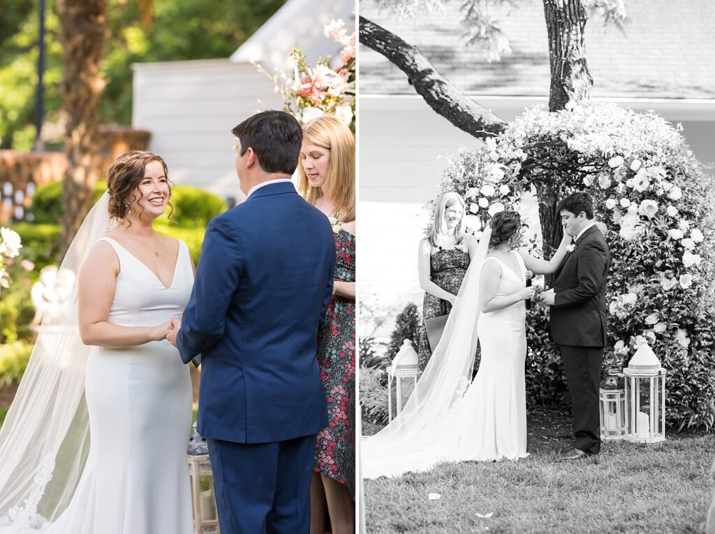 Bride and groom holding hands during wedding ceremony | Spring Wedding | The Matthews House Wedding | The Matthews House Wedding Photographer | Raleigh NC Wedding Photographer