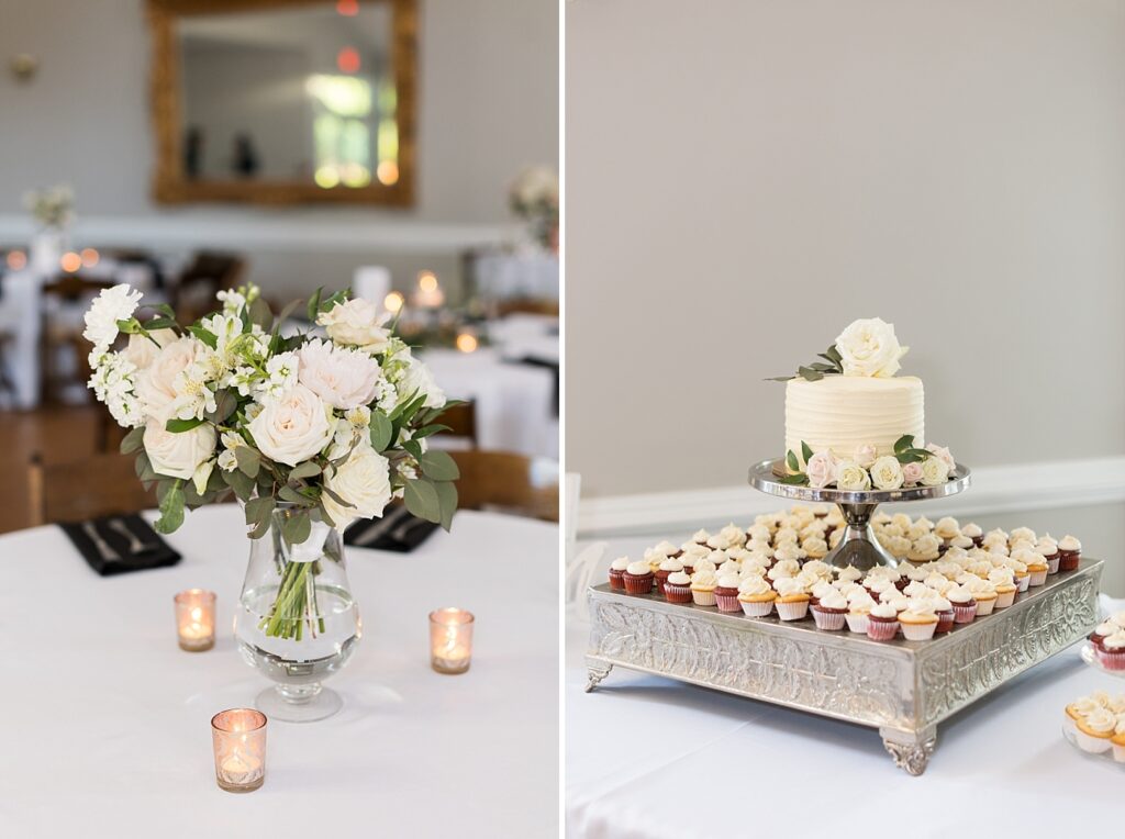 Wedding venue table flower décor and wedding cake | Spring Wedding | The Matthews House Wedding | The Matthews House Wedding Photographer | Raleigh NC Wedding Photographer