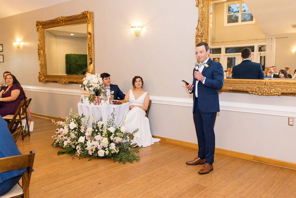 Groomsman giving wedding toast | Spring Wedding | The Matthews House Wedding | The Matthews House Wedding Photographer | Raleigh NC Wedding Photographer