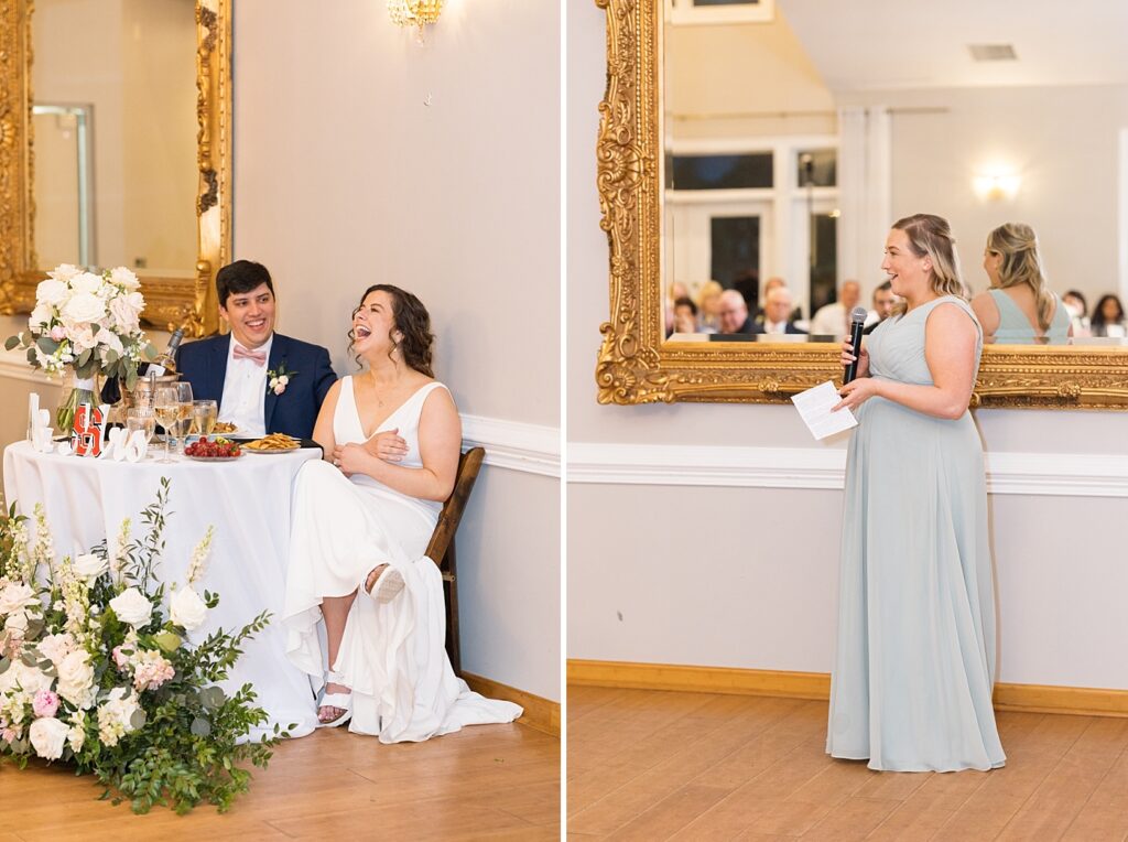Bridesmaid giving toast during wedding reception | Spring Wedding | The Matthews House Wedding | The Matthews House Wedding Photographer | Raleigh NC Wedding Photographer
