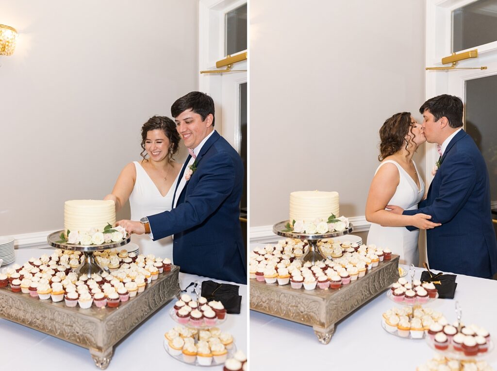 Bride and groom cutting wedding cake | Spring Wedding | The Matthews House Wedding | The Matthews House Wedding Photographer | Raleigh NC Wedding Photographer