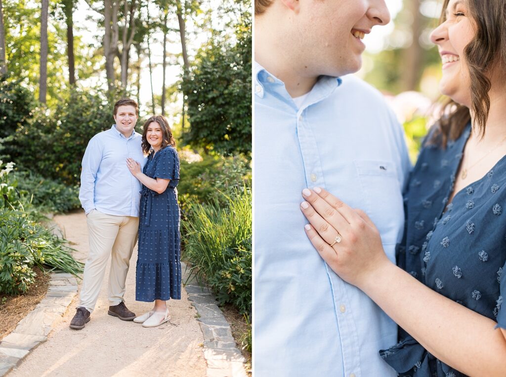 Couple embracing in garden and engagement ring closeup | WRAL Gardens engagement photos | Raleigh NC wedding photographer 