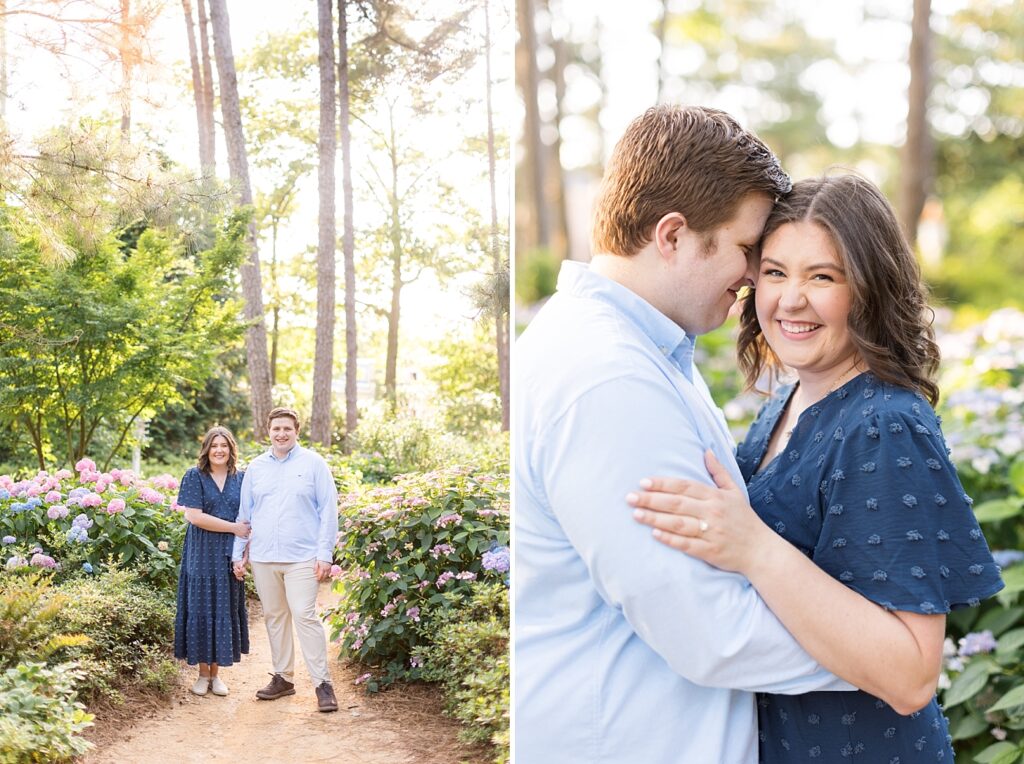 Engagement ring closeup and couple embracing in garden with pink flowers | WRAL Gardens engagement photos | Raleigh NC wedding photographer 