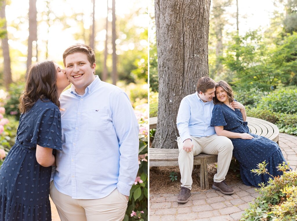 Couple embracing and sitting on a bench near a tree | WRAL Gardens engagement photos | Raleigh NC wedding photographer 