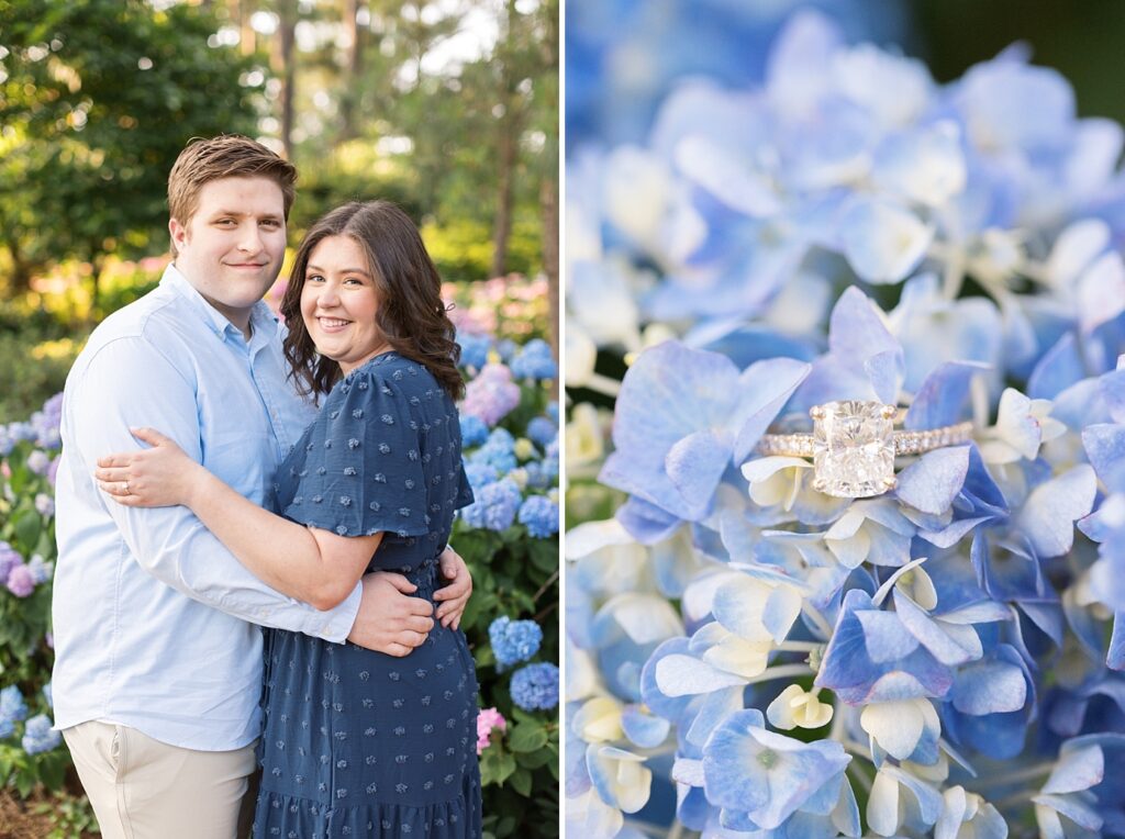 Couple embracing and engagement ring placed on blue flowers | WRAL Gardens engagement photos | Raleigh NC wedding photographer 