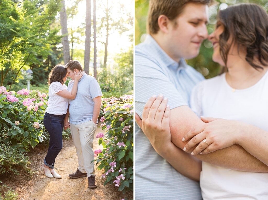 Engagement ring closeup and couple embracing in garden with pink flowers | WRAL Gardens engagement photos | Raleigh NC wedding photographer 