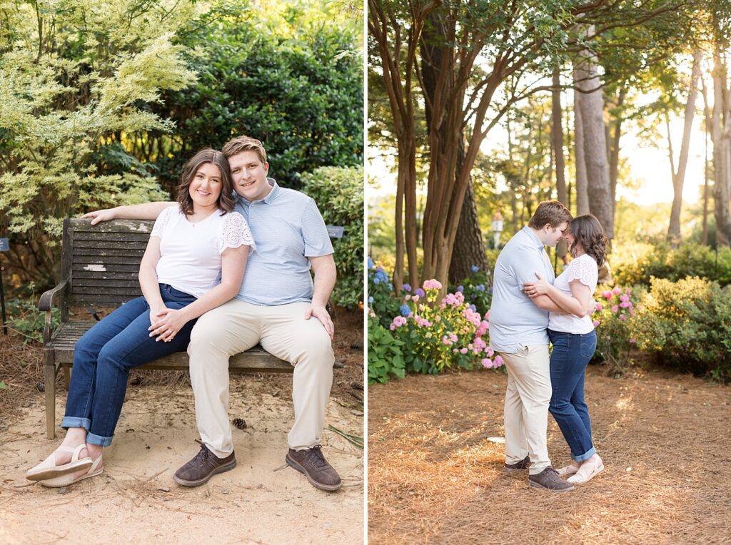 Couple sitting on bench and embracing in garden with colorful pink and blue flowers | WRAL Gardens engagement photos | Raleigh NC wedding photographer 