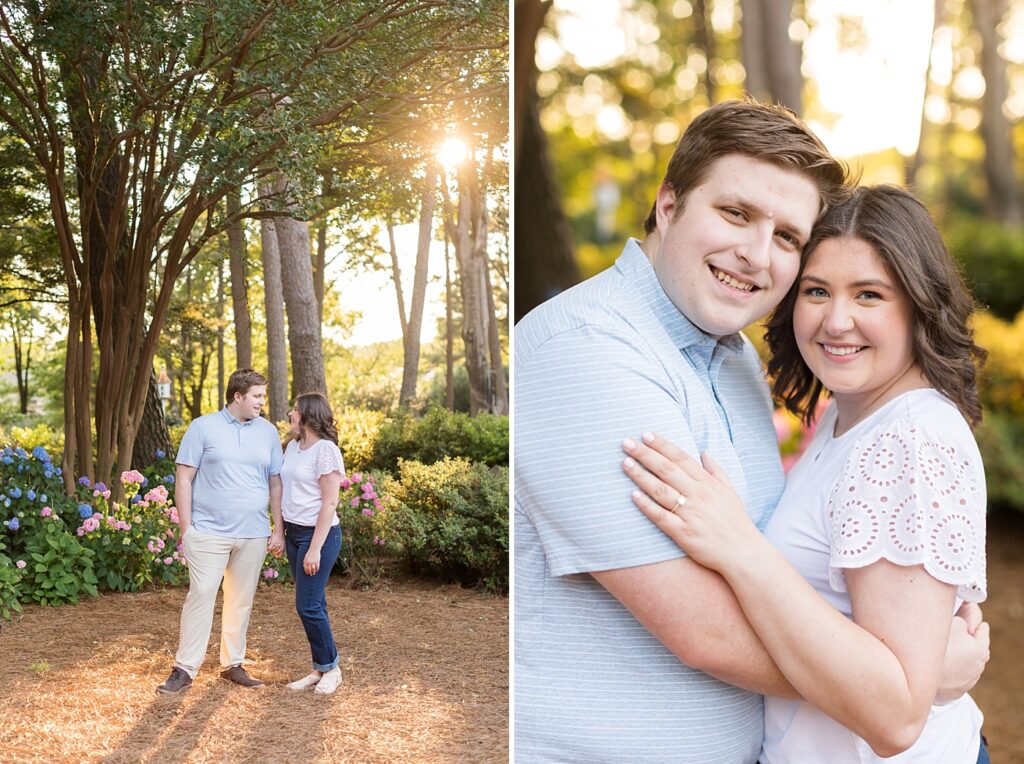 Couple holding hands and embracing in garden with colorful pink and blue flowers | WRAL Gardens engagement photos | Raleigh NC wedding photographer 