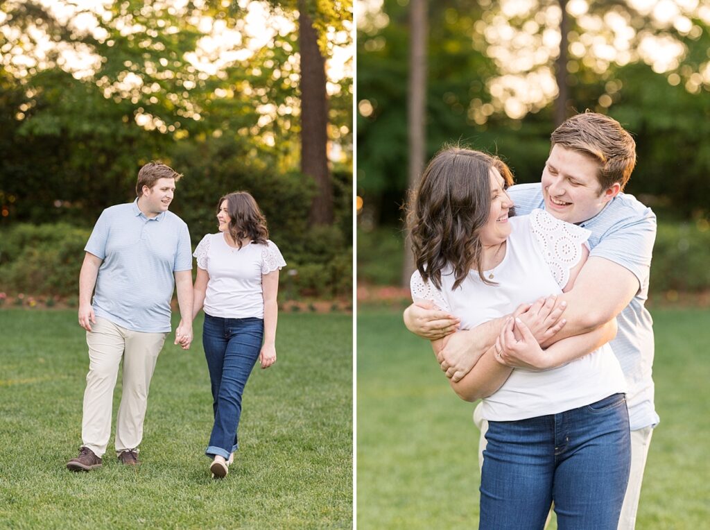Couple smiling and holding hands in garden | WRAL Gardens engagement photos | Raleigh NC wedding photographer 