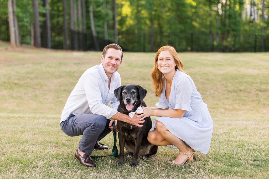 Engagement photo ideas with family dog | Yates Mill engagement photos | Raleigh NC wedding photographer 