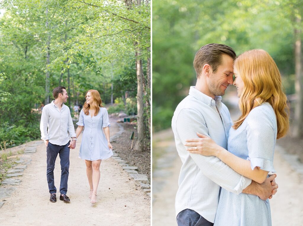 Couple embracing and walking through garden | Yates Mill engagement photos | Raleigh NC wedding photographer 