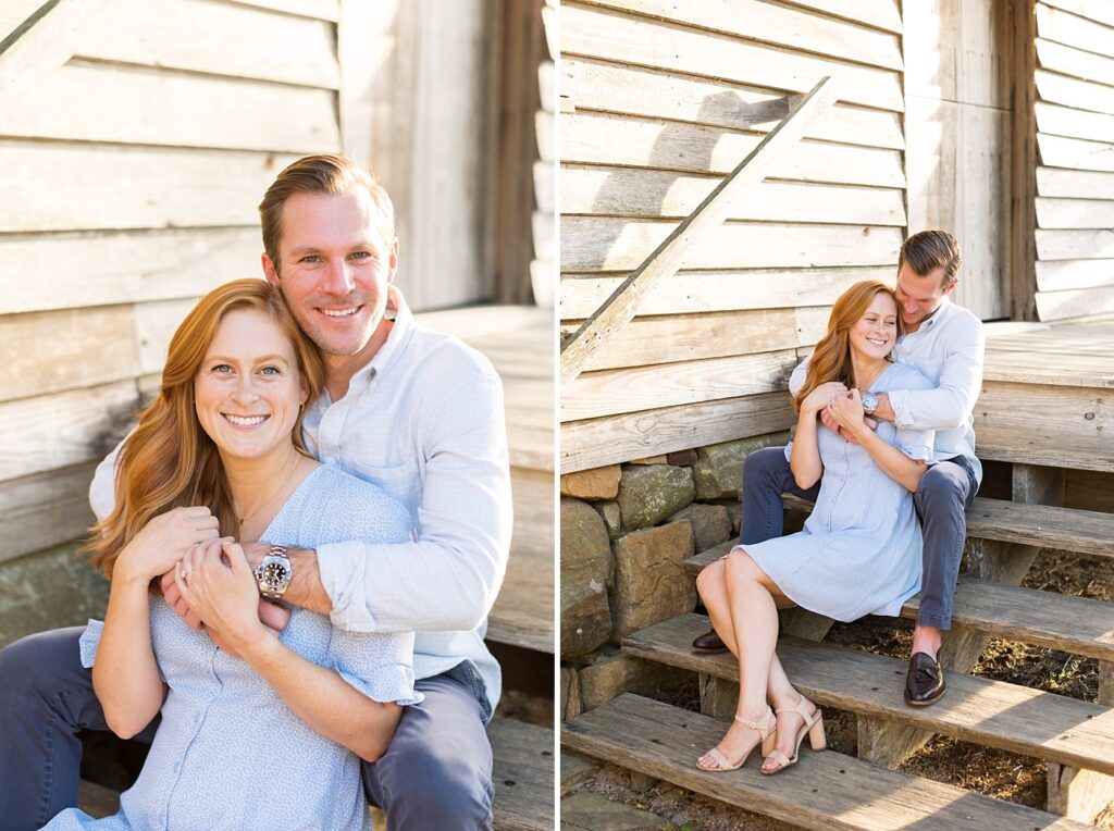 Couple embracing and sitting on stairs | Yates Mill engagement photos | Raleigh NC wedding photographer 